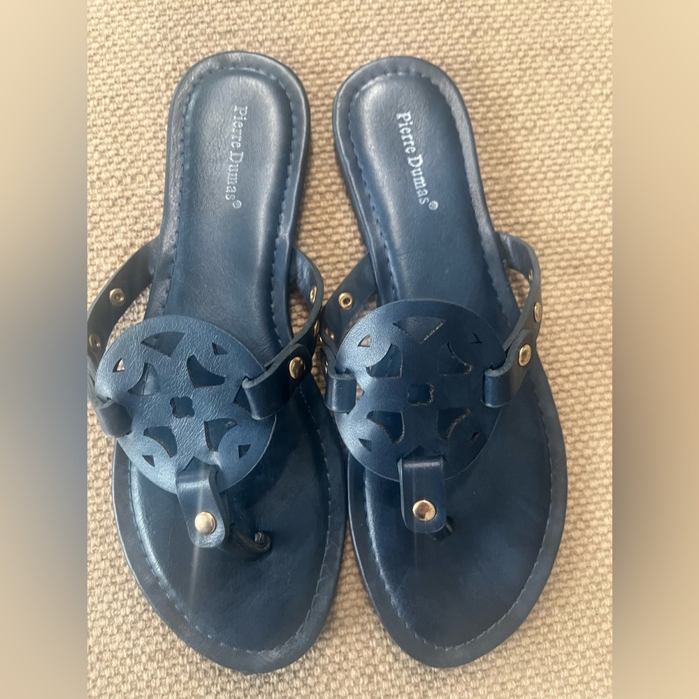 Pierre Dumas Navy Blue Cutout Medallion Thong Sandals